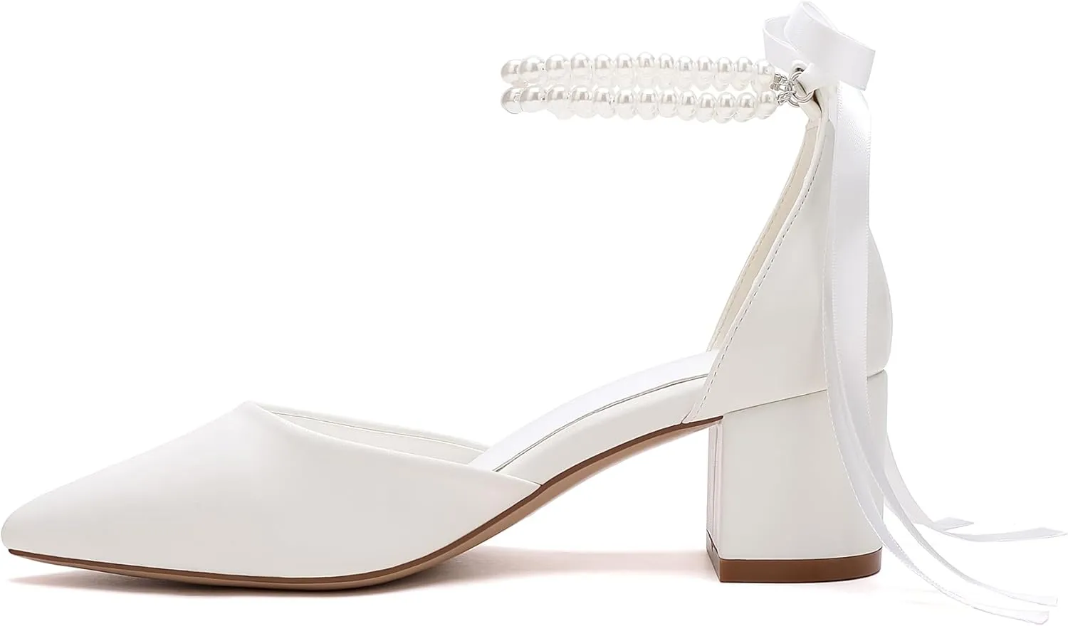 Women's Block Heel Pearl Satin Closed Pointed Toe Chunky Low Heel Pump Sandal Party Wedding Dress Shoes