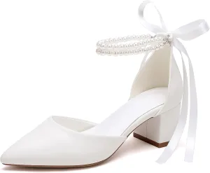 Women's Block Heel Pearl Satin Closed Pointed Toe Chunky Low Heel Pump Sandal Party Wedding Dress Shoes
