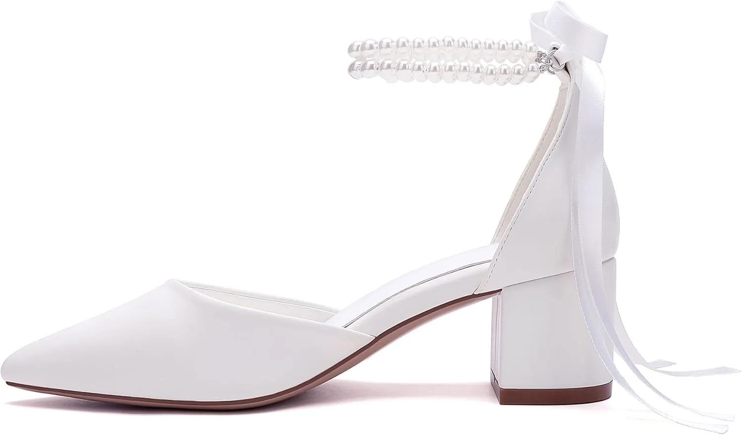 Women's Block Heel Pearl Satin Closed Pointed Toe Chunky Low Heel Pump Sandal Party Wedding Dress Shoes