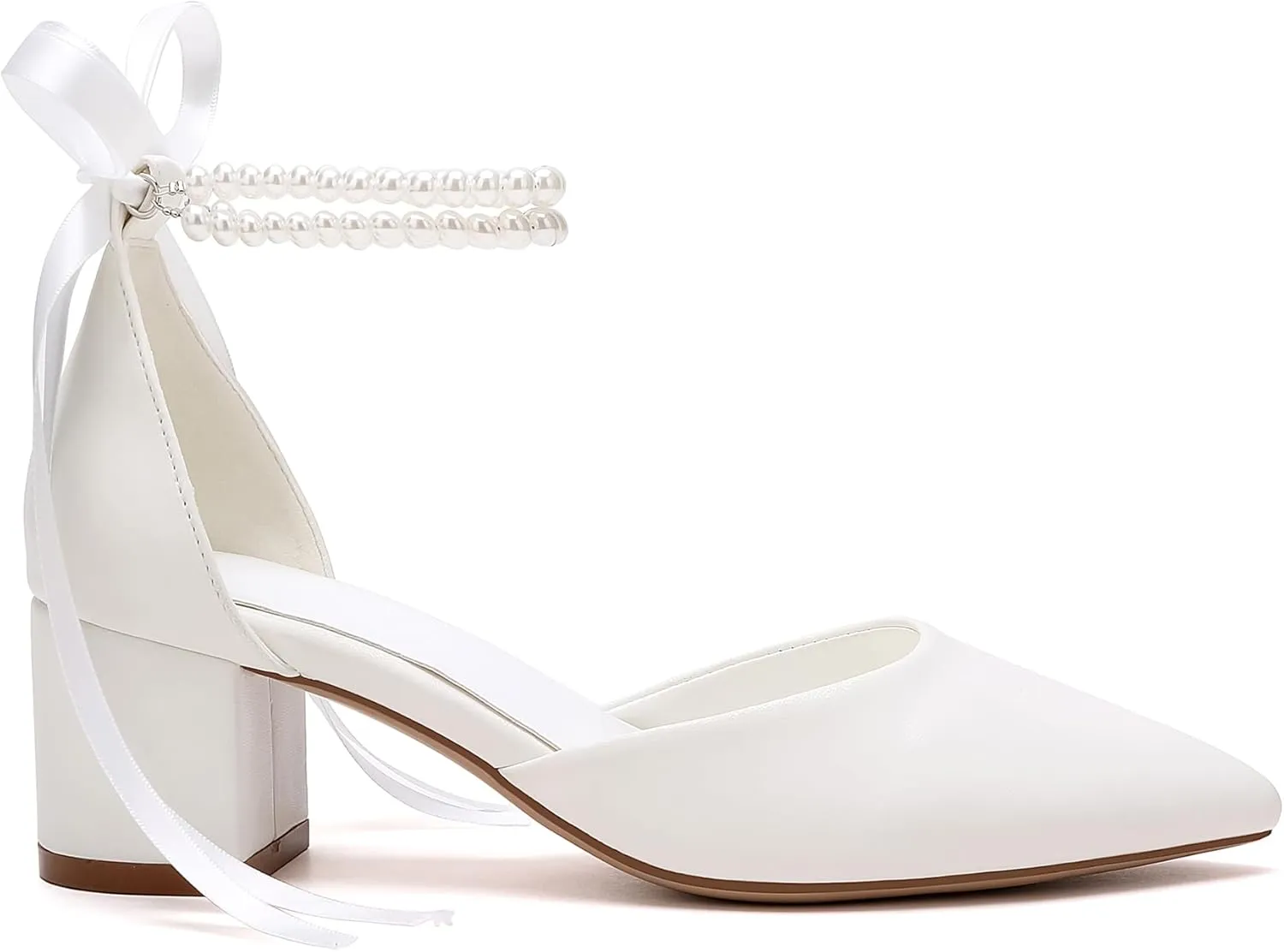 Women's Block Heel Pearl Satin Closed Pointed Toe Chunky Low Heel Pump Sandal Party Wedding Dress Shoes