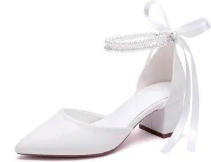 Women's Block Heel Pearl Satin Closed Pointed Toe Chunky Low Heel Pump Sandal Party Wedding Dress Shoes