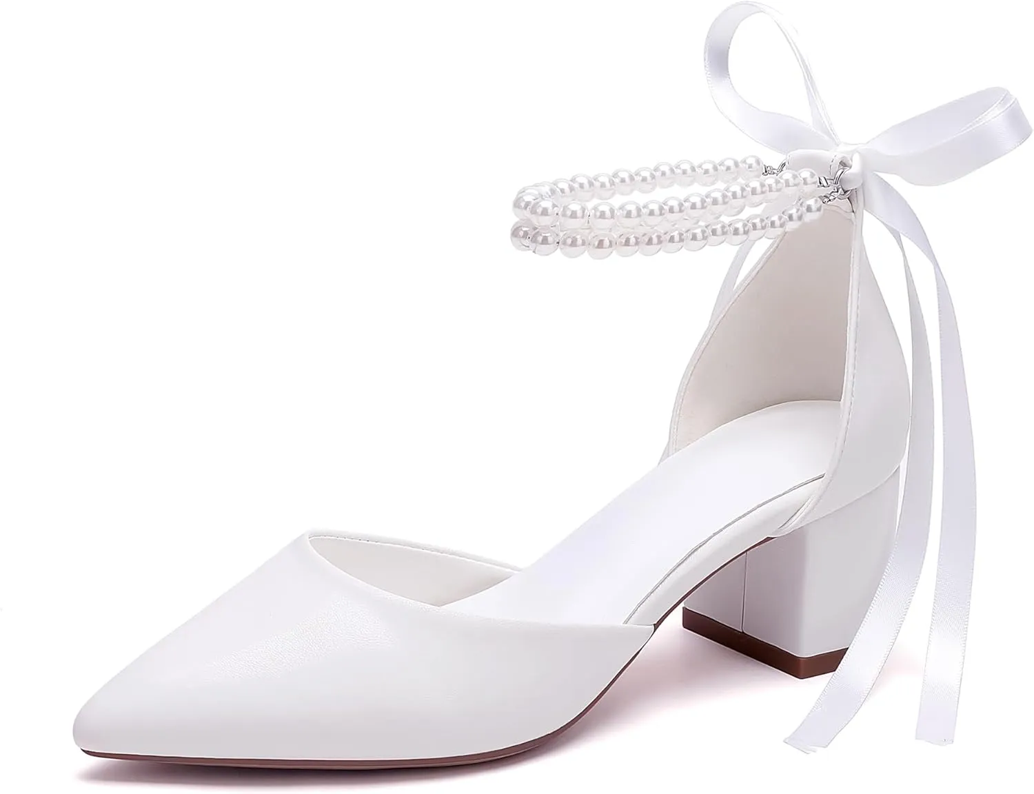 Women's Block Heel Pearl Satin Closed Pointed Toe Chunky Low Heel Pump Sandal Party Wedding Dress Shoes