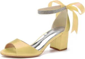 Women's Block Low Heel Sandals 2.36 Inches Peep Toe High Heel Sandals Ribbon Satin Wedding Bridal Shoes