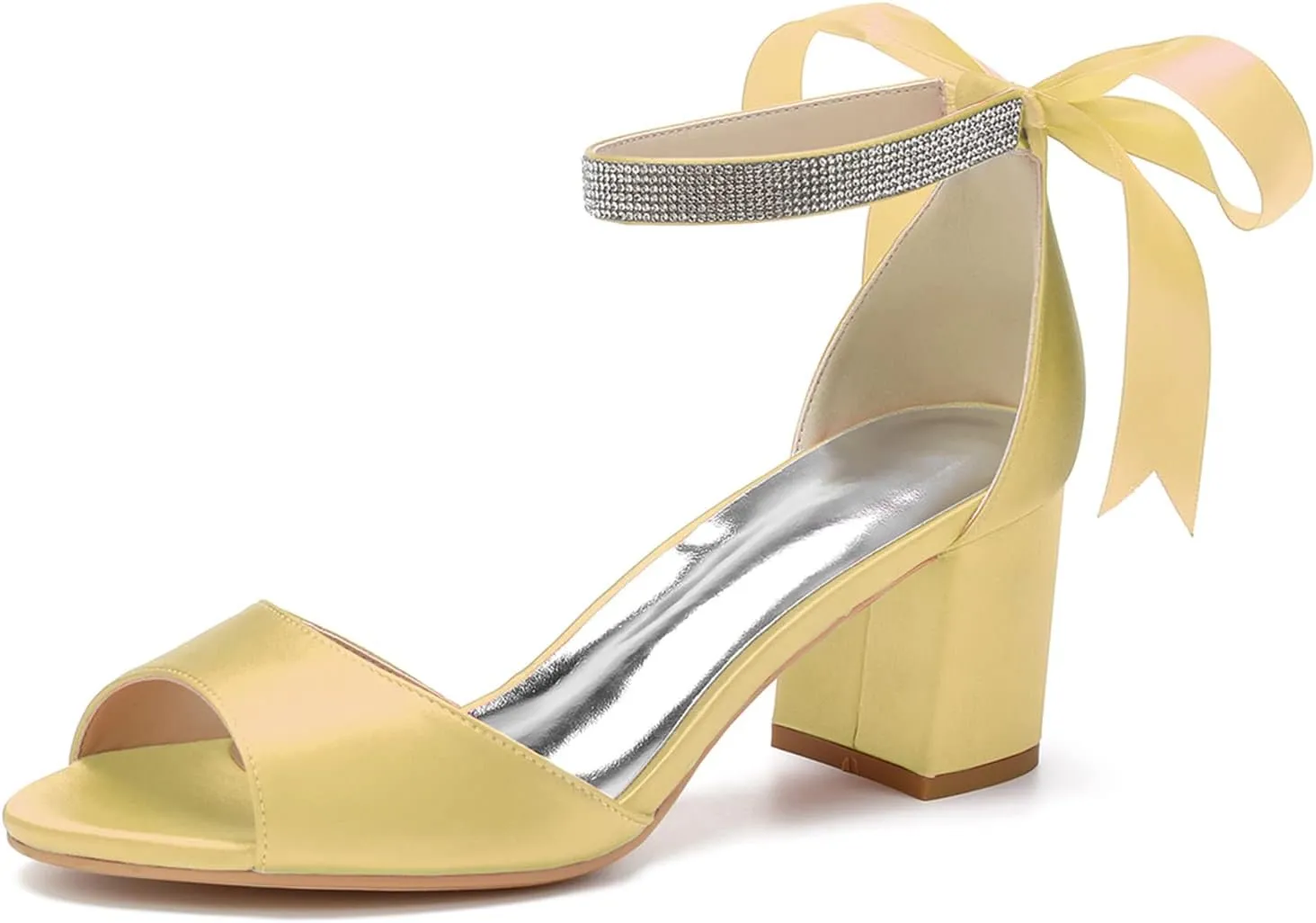 Women's Block Low Heel Sandals 2.36 Inches Peep Toe High Heel Sandals Ribbon Satin Wedding Bridal Shoes