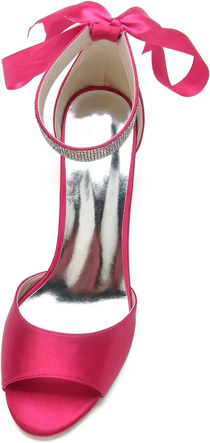 Women's Block Low Heel Sandals 2.36 Inches Peep Toe High Heel Sandals Ribbon Satin Wedding Bridal Shoes