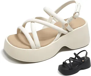 Women's Chunky Heel Platform Cross Strap Sandals with Ankle Strap Summer Fashion Square Open Toe Increase Height Wedge Heel Dress Sandals for Party Wedding Work