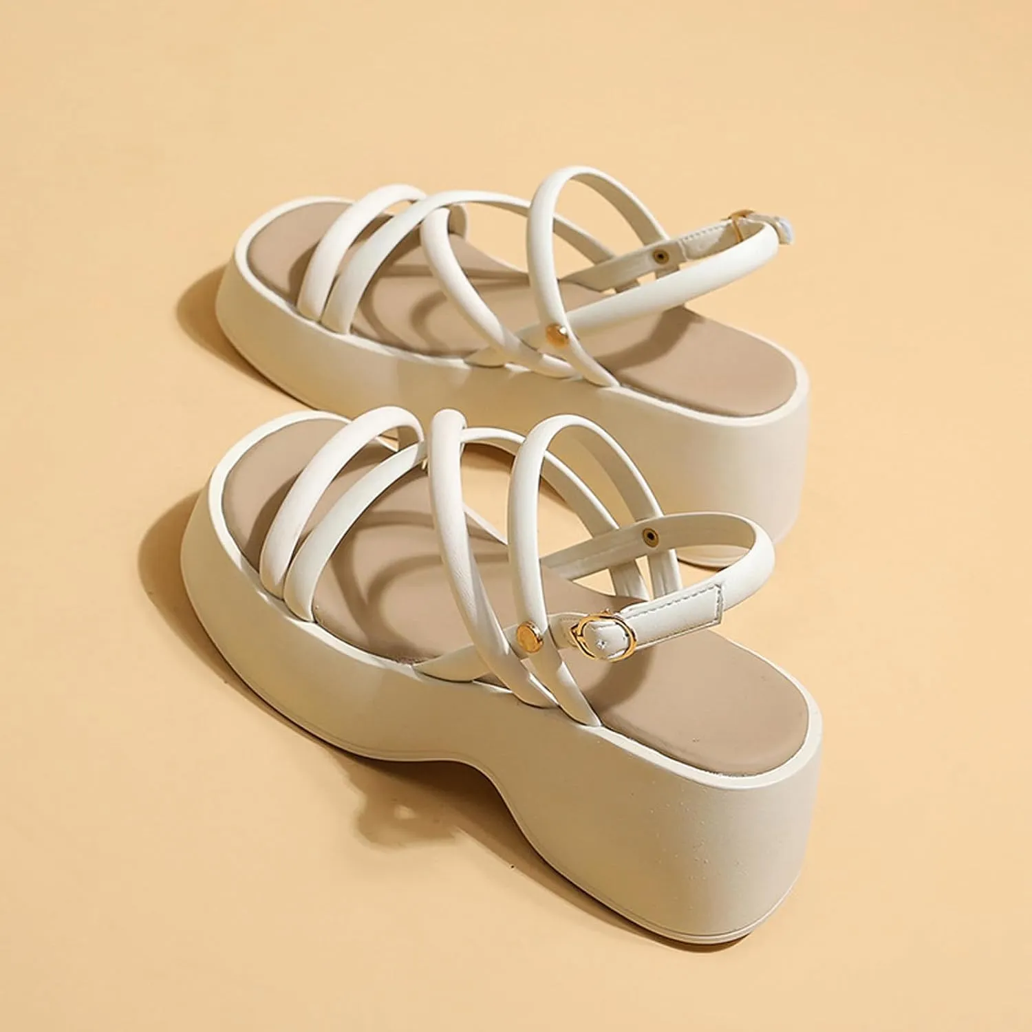 Women's Chunky Heel Platform Cross Strap Sandals with Ankle Strap Summer Fashion Square Open Toe Increase Height Wedge Heel Dress Sandals for Party Wedding Work