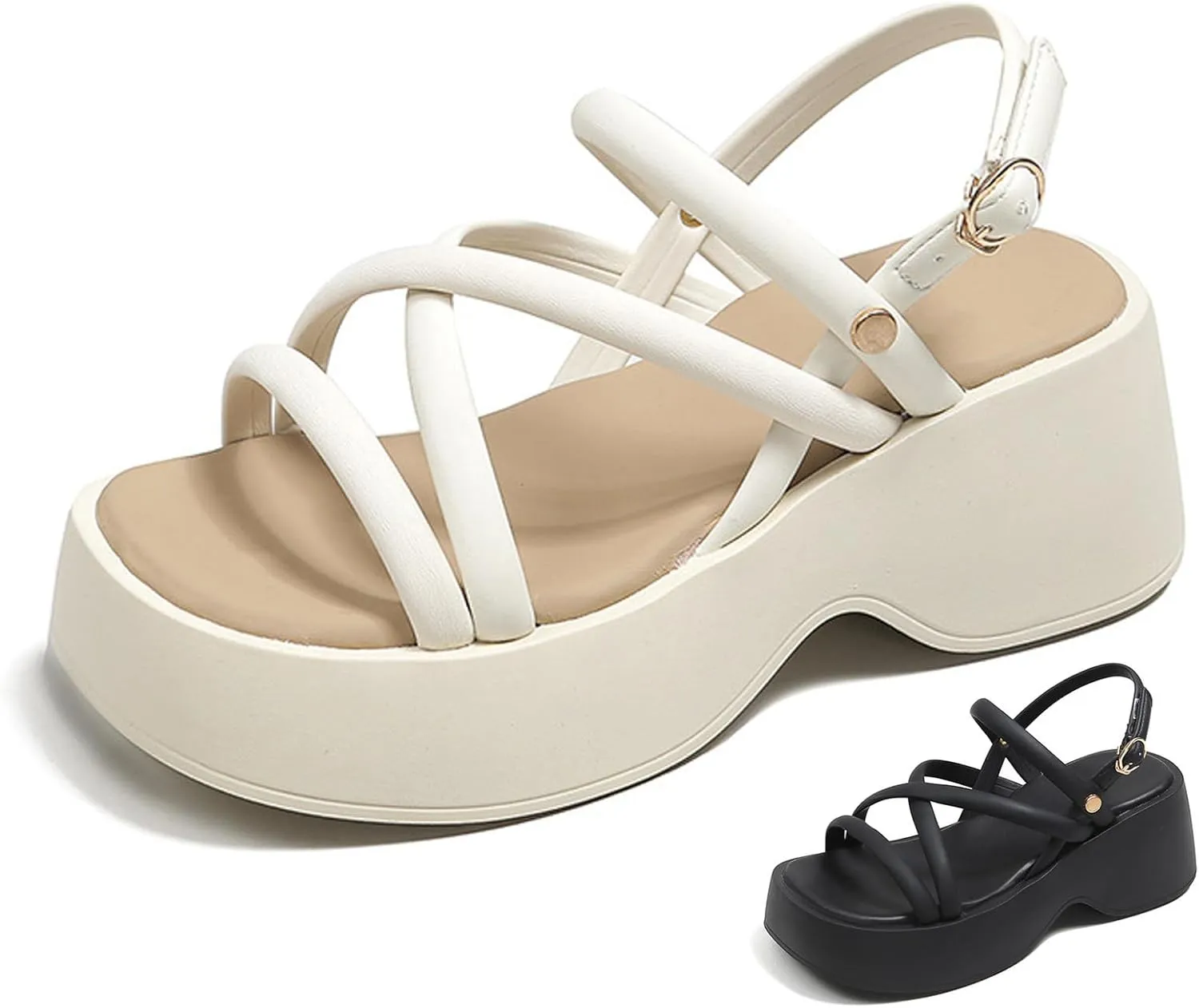 Women's Chunky Heel Platform Cross Strap Sandals with Ankle Strap Summer Fashion Square Open Toe Increase Height Wedge Heel Dress Sandals for Party Wedding Work