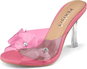 Women's Clear Strap High Kitten Transparent Heel Black Red Floral Heels Sexy Slip On Round Open Peep Toe Rhinestone Mules Slide Sandals Summer Backless Party Prom Dress Shoes 3 Inch