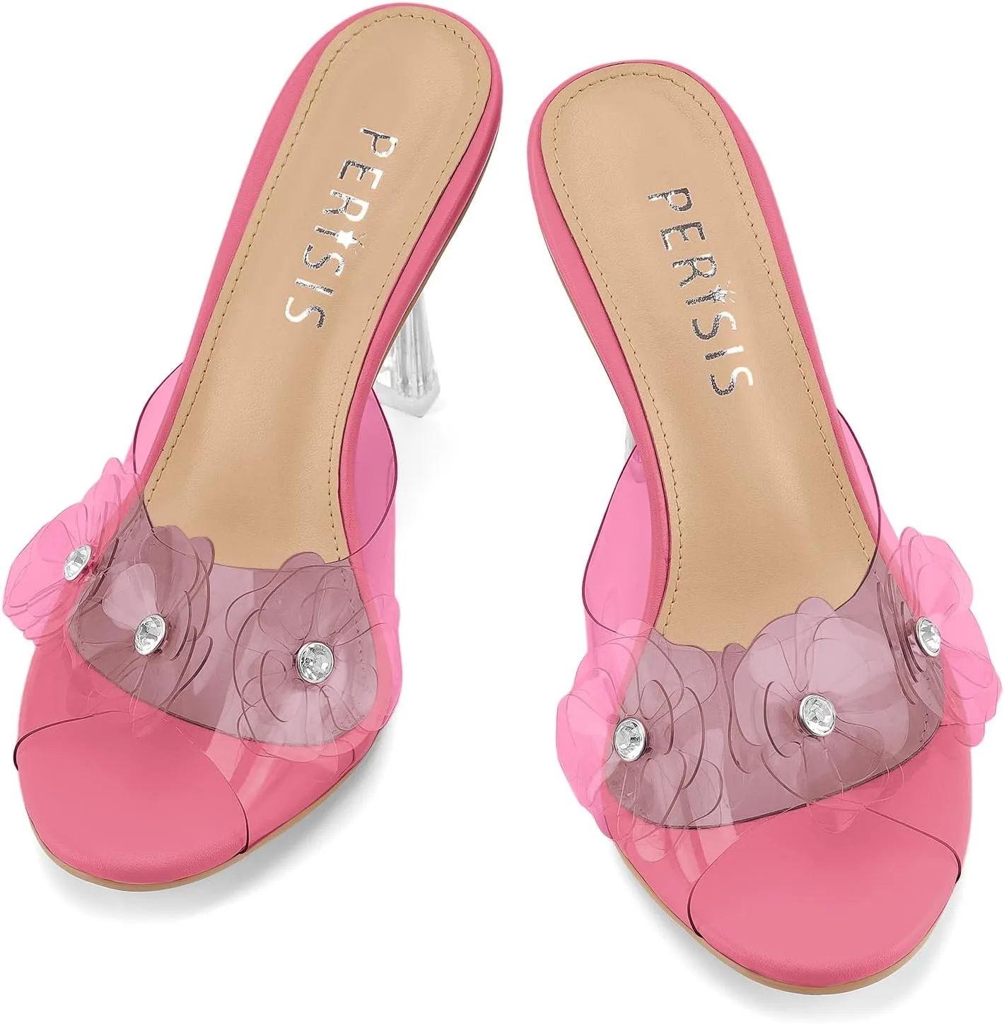 Women's Clear Strap High Kitten Transparent Heel Black Red Floral Heels Sexy Slip On Round Open Peep Toe Rhinestone Mules Slide Sandals Summer Backless Party Prom Dress Shoes 3 Inch