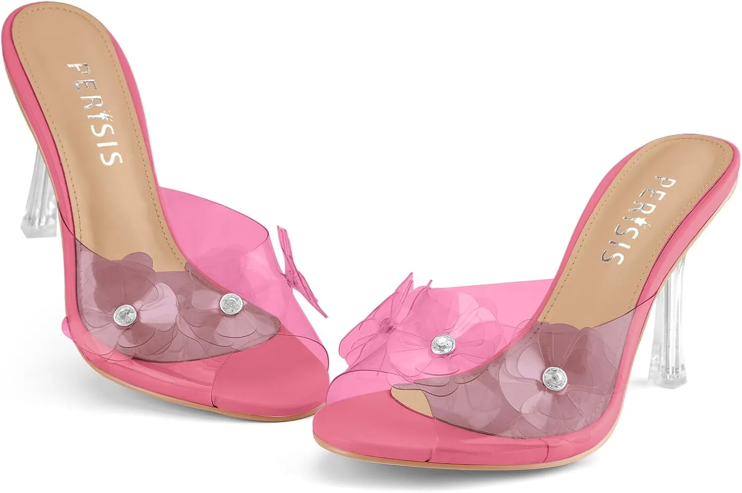 Women's Clear Strap High Kitten Transparent Heel Black Red Floral Heels Sexy Slip On Round Open Peep Toe Rhinestone Mules Slide Sandals Summer Backless Party Prom Dress Shoes 3 Inch