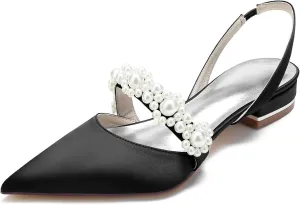 Women's Closed Toe Wedding Flats Slingback Pump Shoes with Pearls Wedding Comfort Low Heel Evening Dress Work Shoes,Satin Pearl Flats Pumps