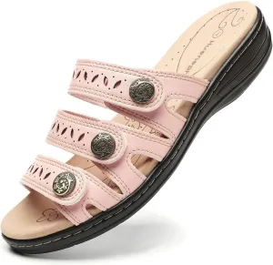 Women's Comfort Leather Slides Lightweight Flat Sandals Cute Slip On Casual Walking Slippers