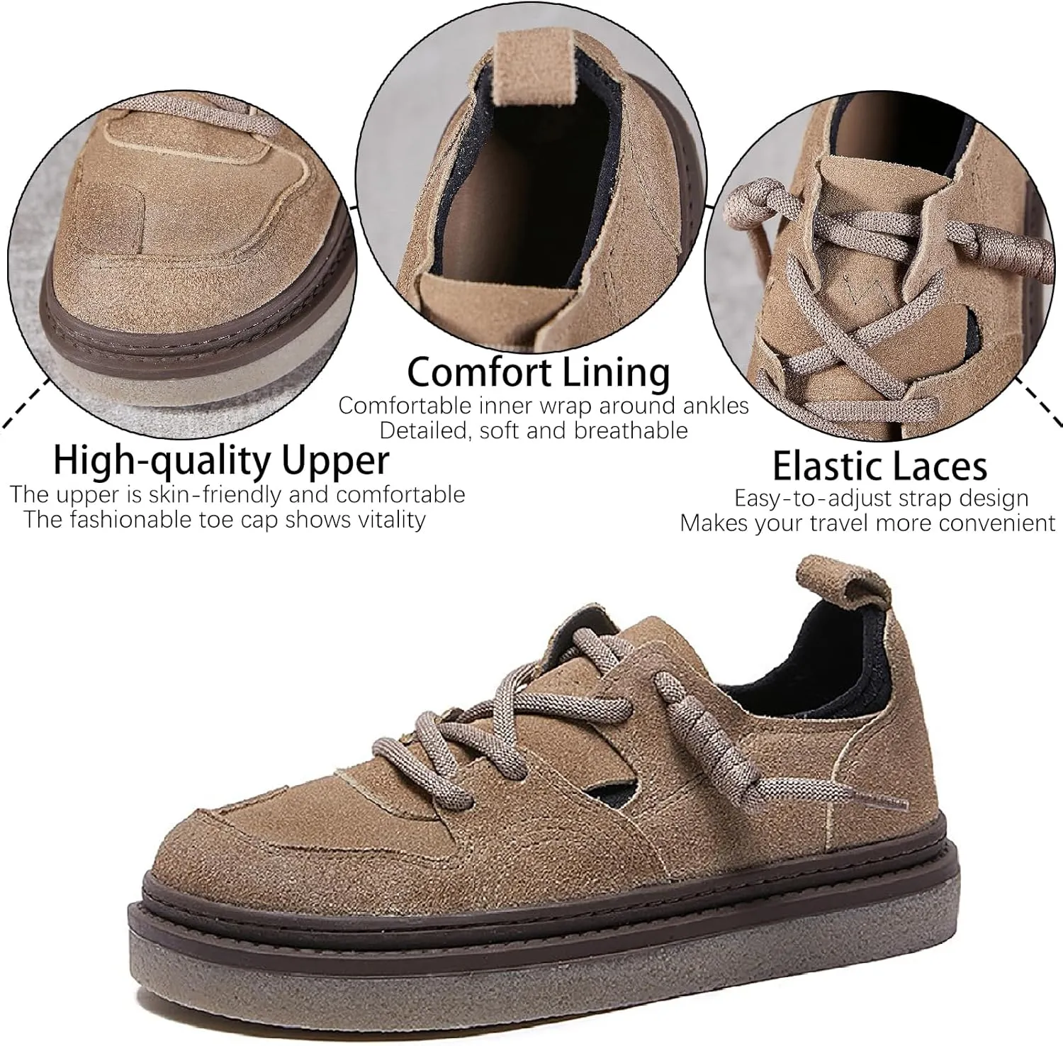 Women's Cow Leather Platform Casual Walking Shoes with Elastic Lace-up Retro Splice Leather Comfortable Round Toe Anti-Slip Flat Sneakers Fall Winter Daily Work Drive Shoes