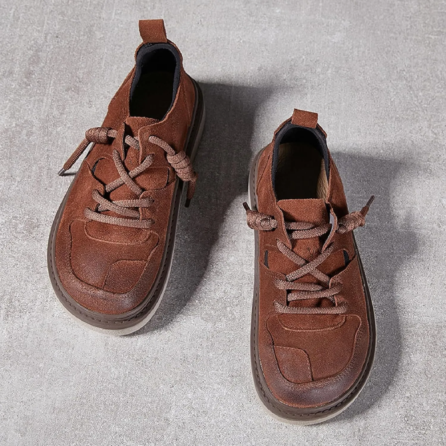 Women's Cow Leather Platform Casual Walking Shoes with Elastic Lace-up Retro Splice Leather Comfortable Round Toe Anti-Slip Flat Sneakers Fall Winter Daily Work Drive Shoes