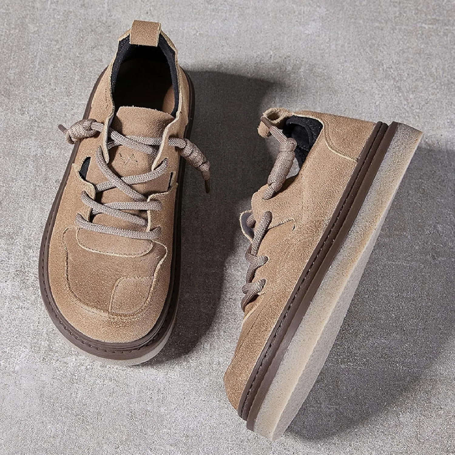 Women's Cow Leather Platform Casual Walking Shoes with Elastic Lace-up Retro Splice Leather Comfortable Round Toe Anti-Slip Flat Sneakers Fall Winter Daily Work Drive Shoes