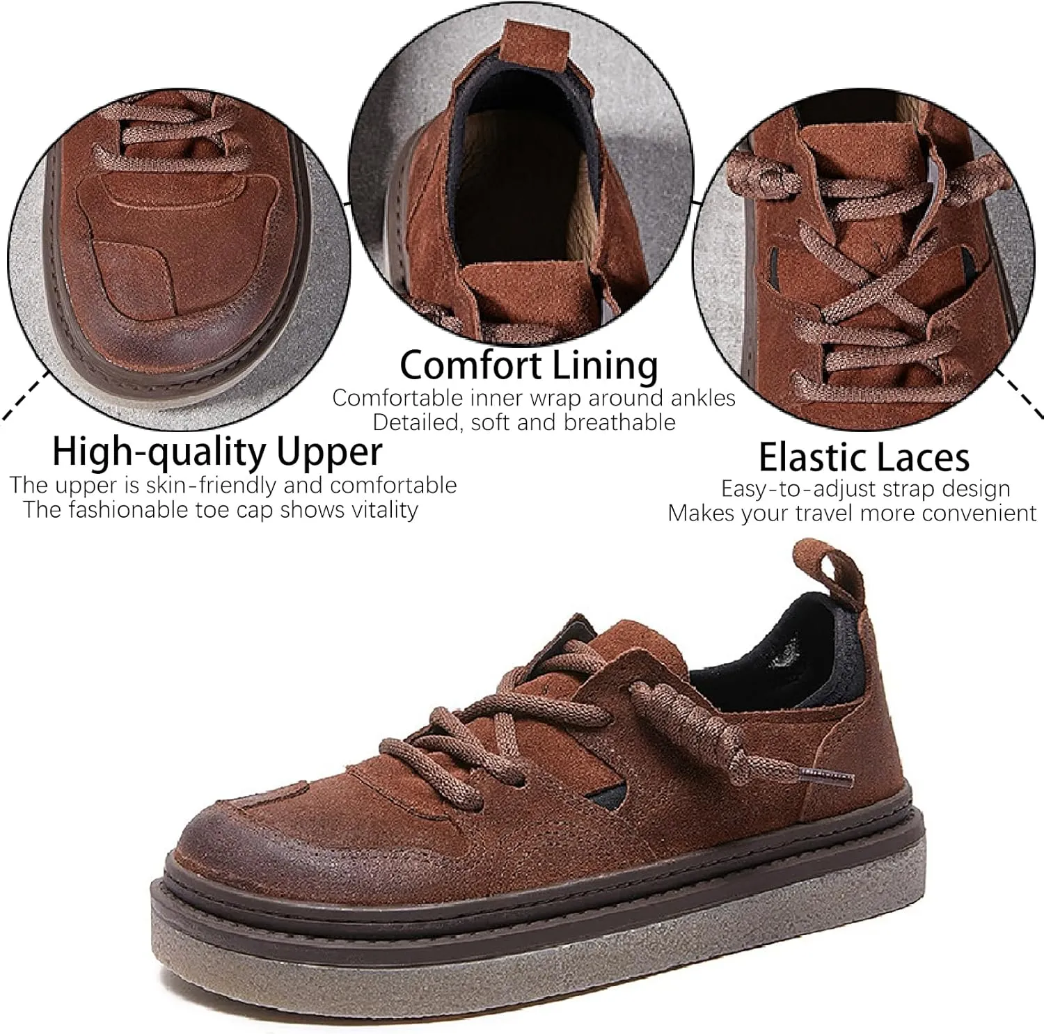 Women's Cow Leather Platform Casual Walking Shoes with Elastic Lace-up Retro Splice Leather Comfortable Round Toe Anti-Slip Flat Sneakers Fall Winter Daily Work Drive Shoes