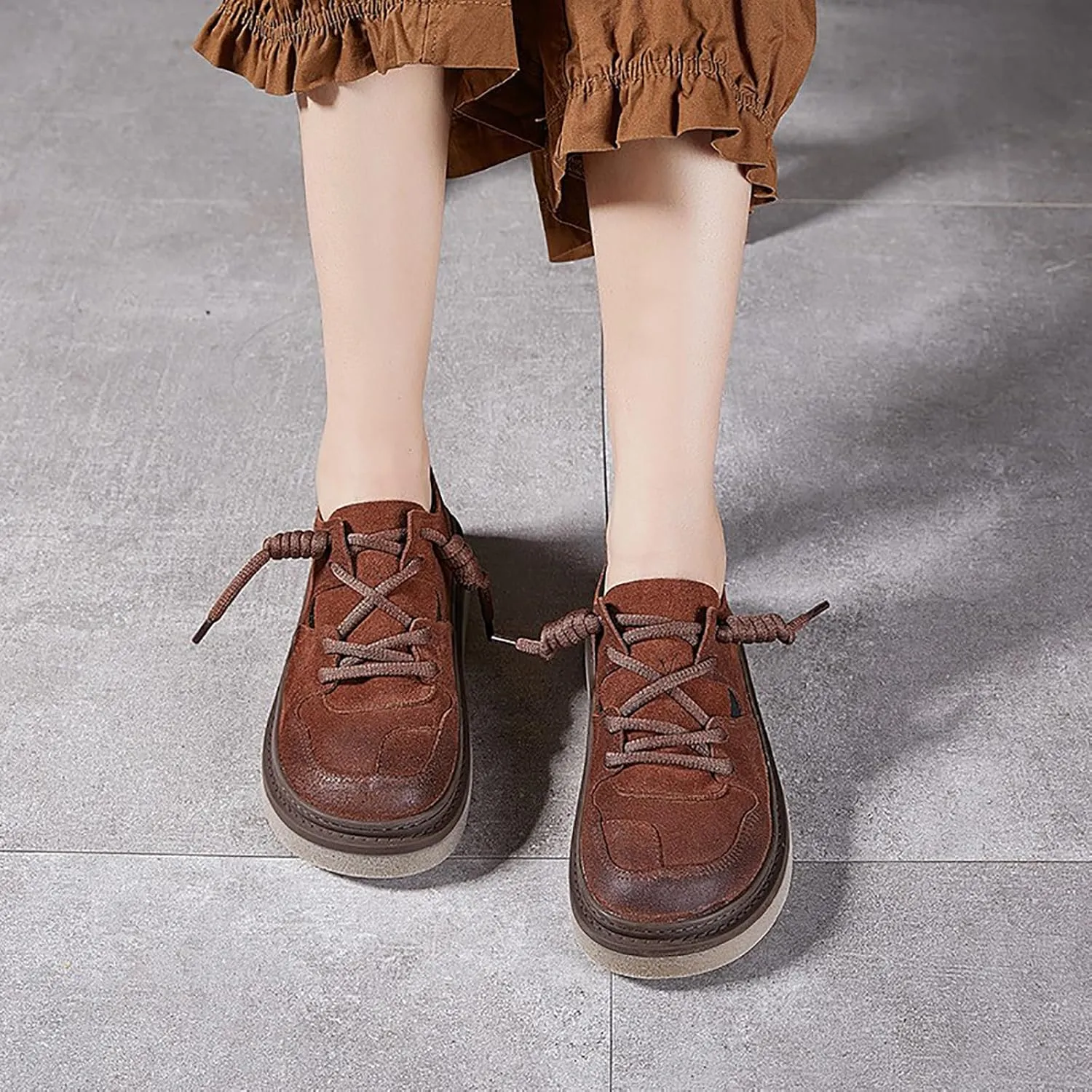 Women's Cow Leather Platform Casual Walking Shoes with Elastic Lace-up Retro Splice Leather Comfortable Round Toe Anti-Slip Flat Sneakers Fall Winter Daily Work Drive Shoes