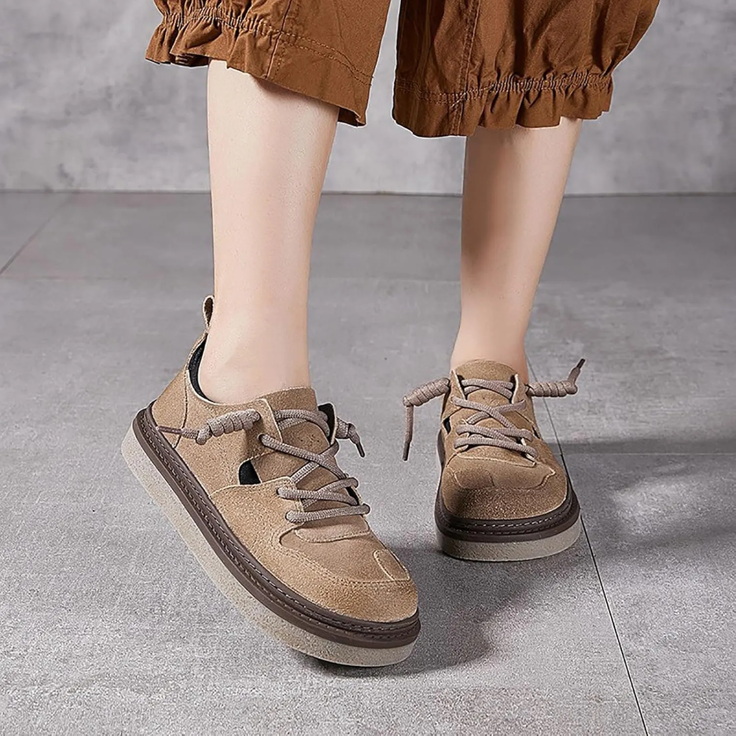 Women's Cow Leather Platform Casual Walking Shoes with Elastic Lace-up Retro Splice Leather Comfortable Round Toe Anti-Slip Flat Sneakers Fall Winter Daily Work Drive Shoes