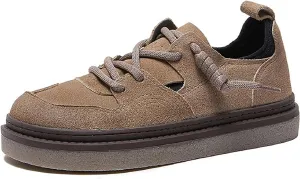 Women's Cow Leather Platform Casual Walking Shoes with Elastic Lace-up Retro Splice Leather Comfortable Round Toe Anti-Slip Flat Sneakers Fall Winter Daily Work Drive Shoes