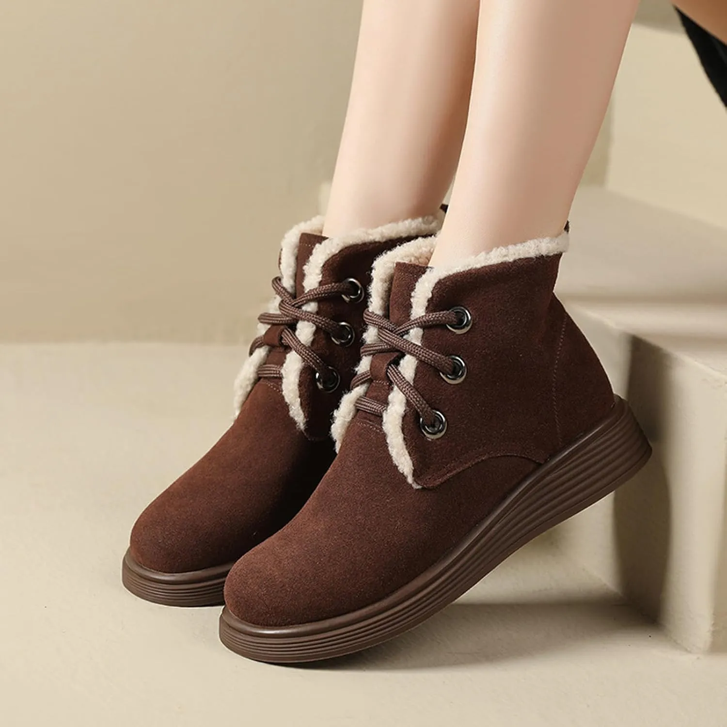Women's Cowhide Suede Warm Fur Lined Winter Short Booties Retro Comfortable Round Toe Lace-up Anti-Slip Soft Sole Casual Ankle Boots for Cold Weather