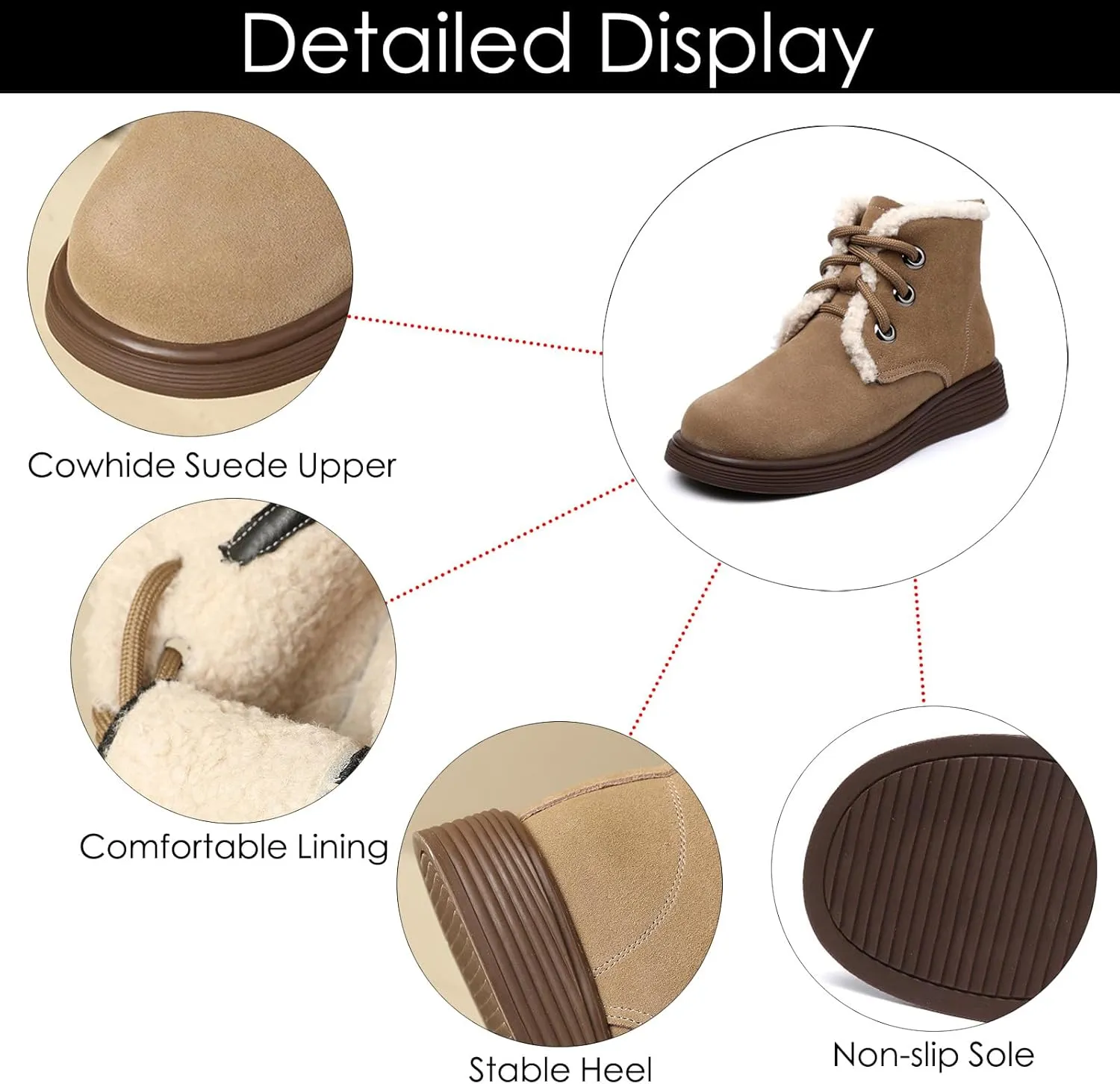 Women's Cowhide Suede Warm Fur Lined Winter Short Booties Retro Comfortable Round Toe Lace-up Anti-Slip Soft Sole Casual Ankle Boots for Cold Weather