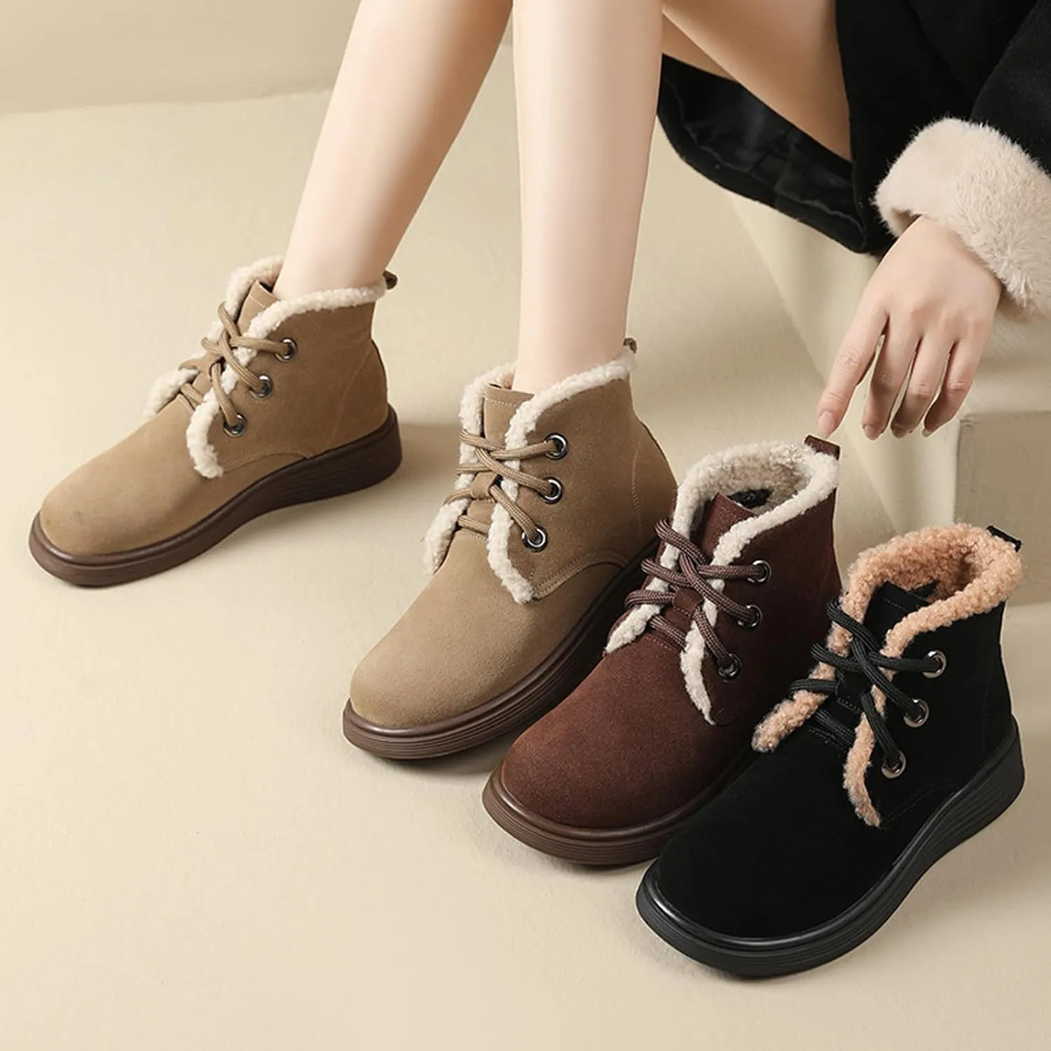 Women's Cowhide Suede Warm Fur Lined Winter Short Booties Retro Comfortable Round Toe Lace-up Anti-Slip Soft Sole Casual Ankle Boots for Cold Weather