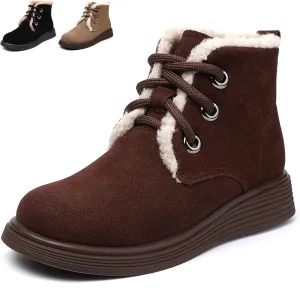 Women's Cowhide Suede Warm Fur Lined Winter Short Booties Retro Comfortable Round Toe Lace-up Anti-Slip Soft Sole Casual Ankle Boots for Cold Weather