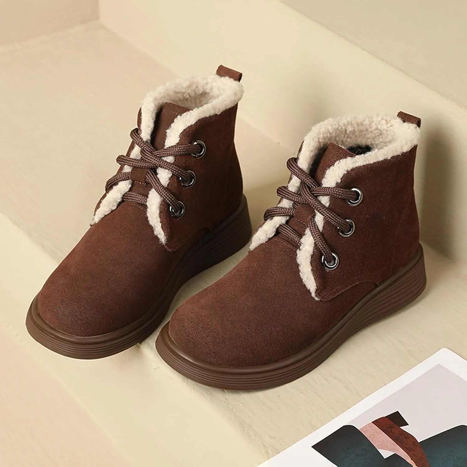 Women's Cowhide Suede Warm Fur Lined Winter Short Booties Retro Comfortable Round Toe Lace-up Anti-Slip Soft Sole Casual Ankle Boots for Cold Weather