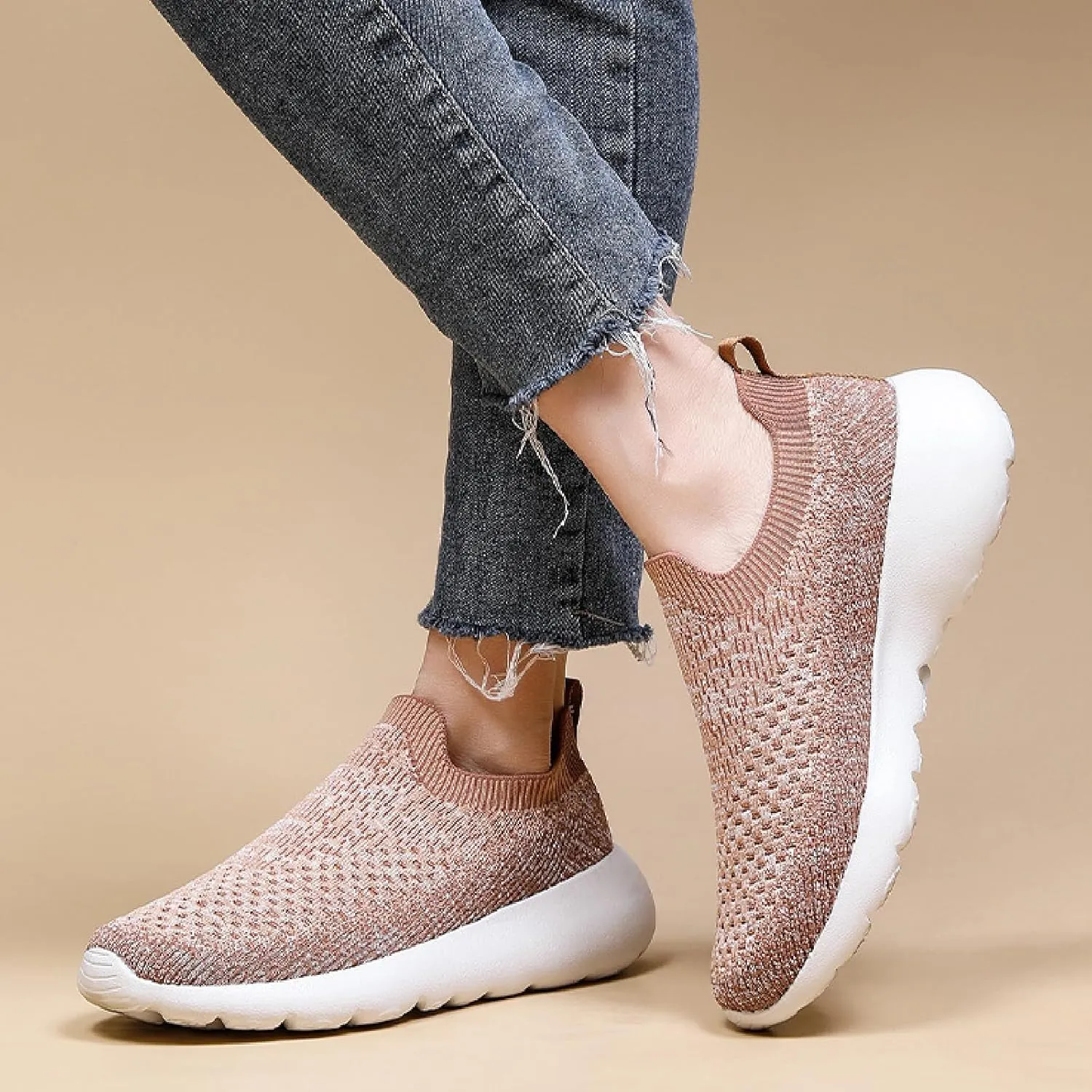 Women's Elastic Knit Slip On Sneakers Breathable Mesh Soft Bottom Lightweight Walking Sock Shoes Comfortable Yoga Fitness Tennis Shoes