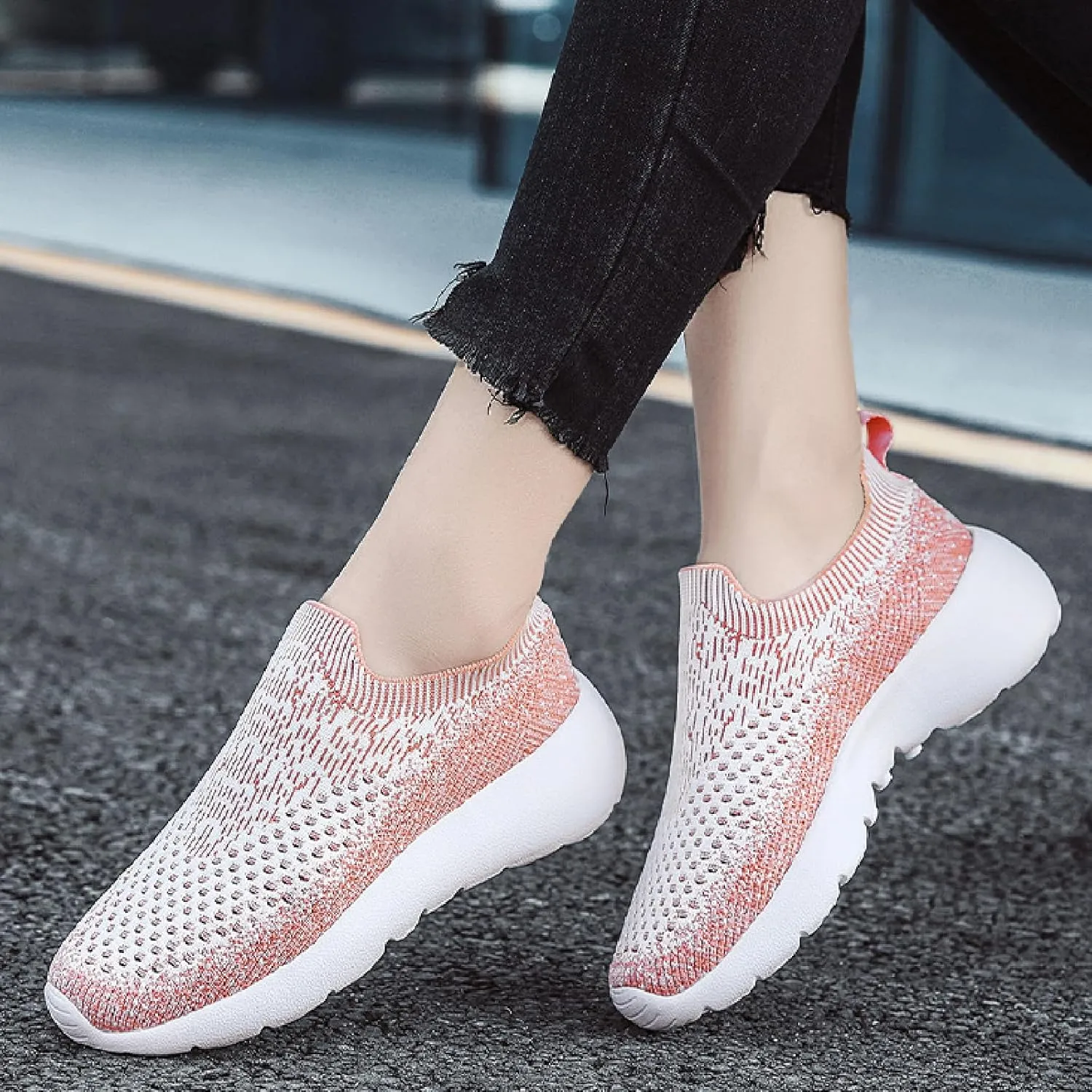 Women's Elastic Knit Slip On Sneakers Breathable Mesh Soft Bottom Lightweight Walking Sock Shoes Comfortable Yoga Fitness Tennis Shoes