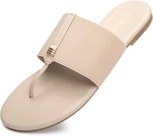 Women's Elastic T-Strap Sandals - Comfortable Slip-On Summer Flats, Stretchy Slide Sandals for Walking, Beach, and Casual Wear
