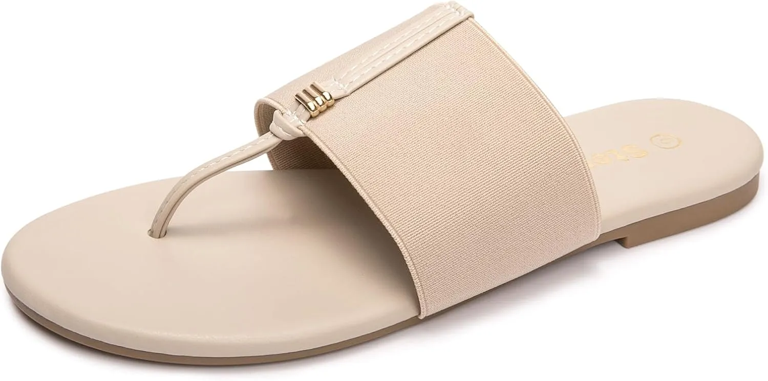 Women's Elastic T-Strap Sandals - Comfortable Slip-On Summer Flats, Stretchy Slide Sandals for Walking, Beach, and Casual Wear