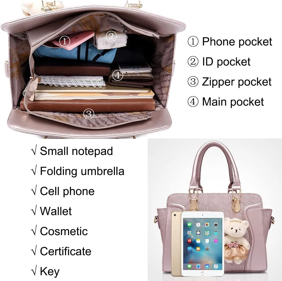 Women's Fashion Handbags Tote Bags Shoulder Bag Top Handle Satchel Purse Set 4pcs Black