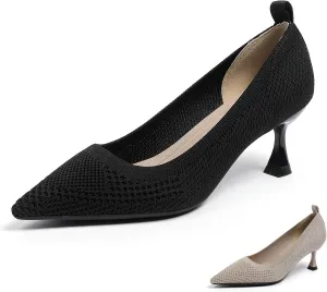 Women's Knitted Casual Low Stiletto Heel Pumps Comfortable Breathable Pointed Toe Elegant Slip On Kitten Heel Pumps for Work Office Business Dress Shoes