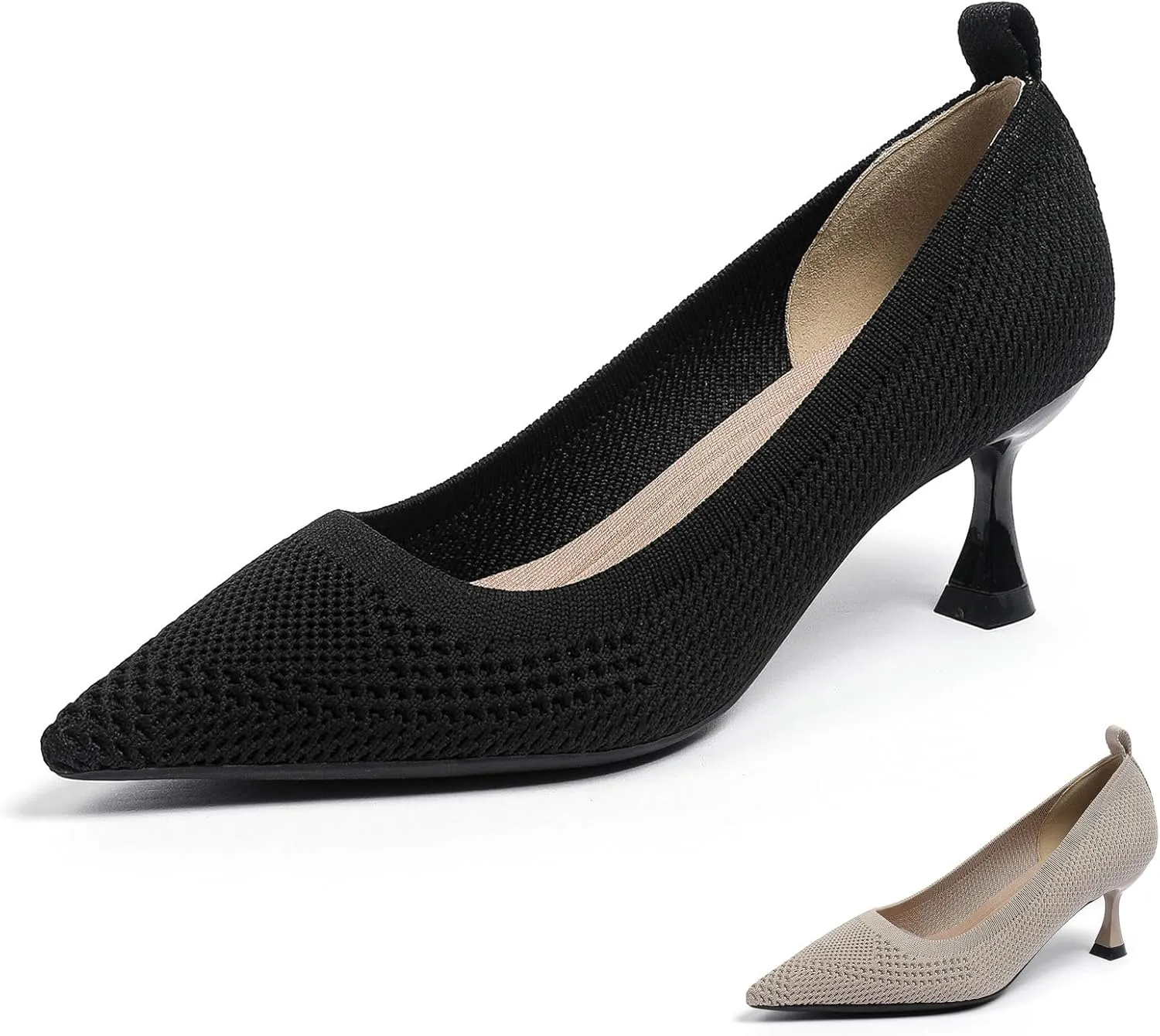 Women's Knitted Casual Low Stiletto Heel Pumps Comfortable Breathable Pointed Toe Elegant Slip On Kitten Heel Pumps for Work Office Business Dress Shoes