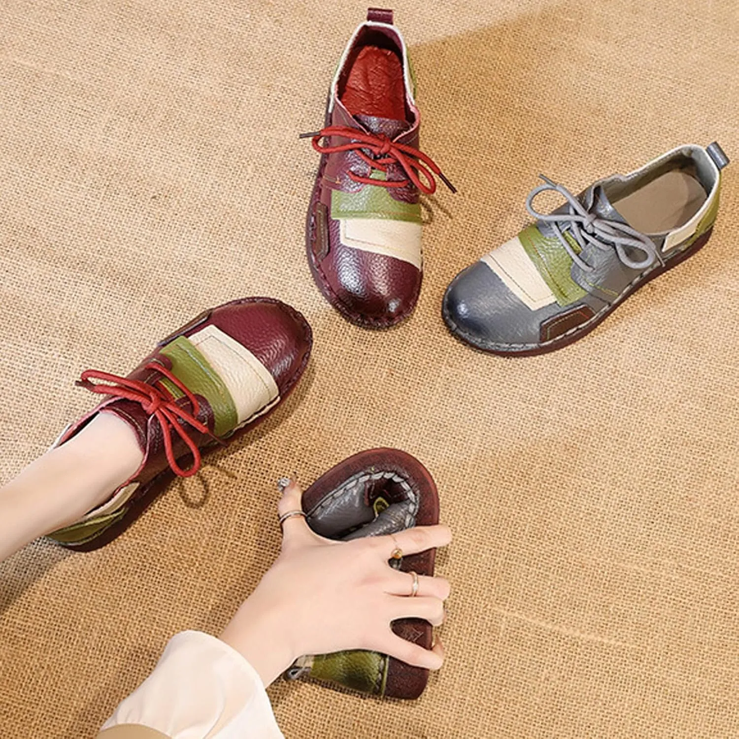 Women's Leather Handmade Lace Up Comfortable Flat Loafers Retro Non-Slip Soft Soled Round Toe Slip-on Casual Mom Walking Shoes for Outdoor Work Driving Running Dating