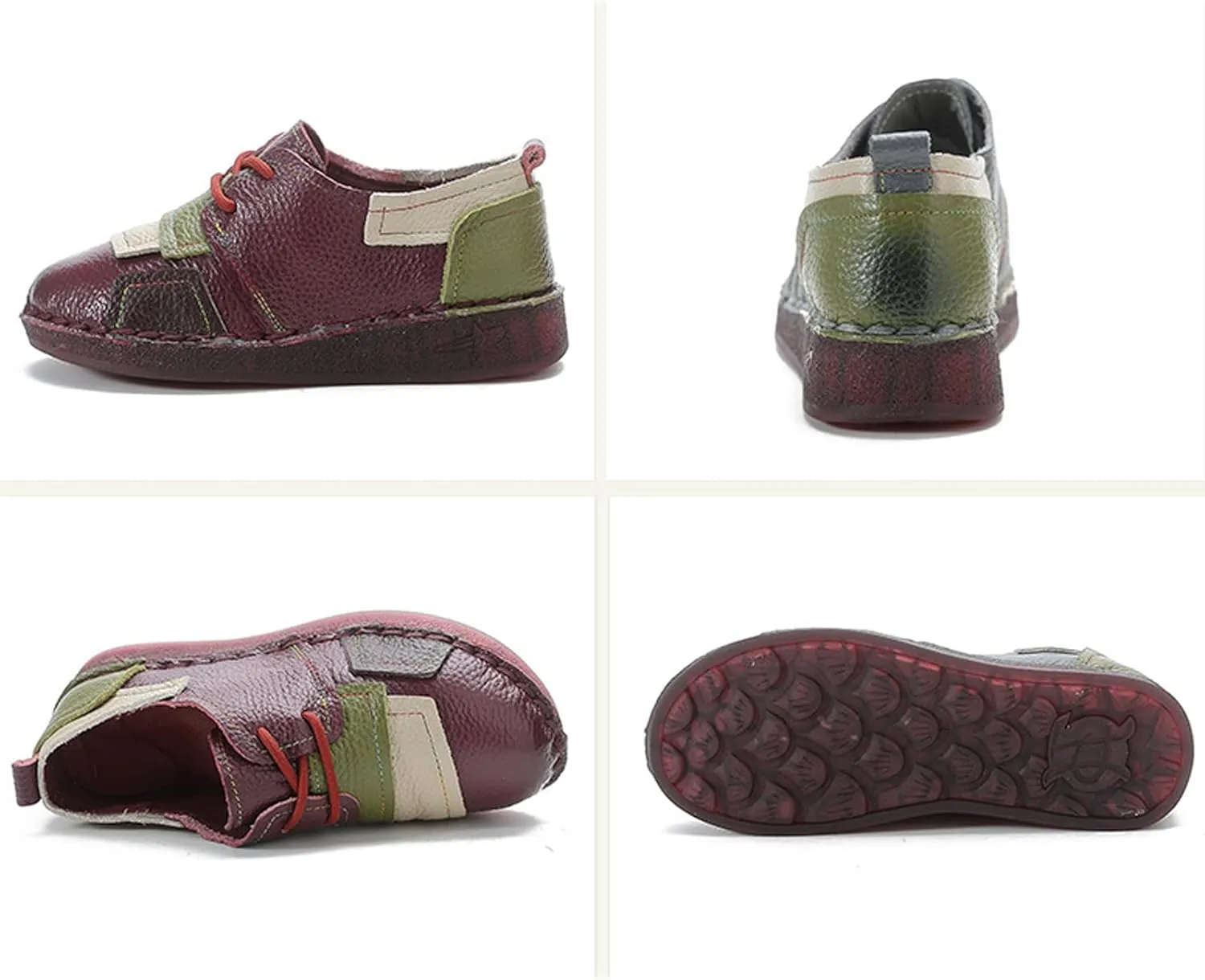 Women's Leather Handmade Lace Up Comfortable Flat Loafers Retro Non-Slip Soft Soled Round Toe Slip-on Casual Mom Walking Shoes for Outdoor Work Driving Running Dating