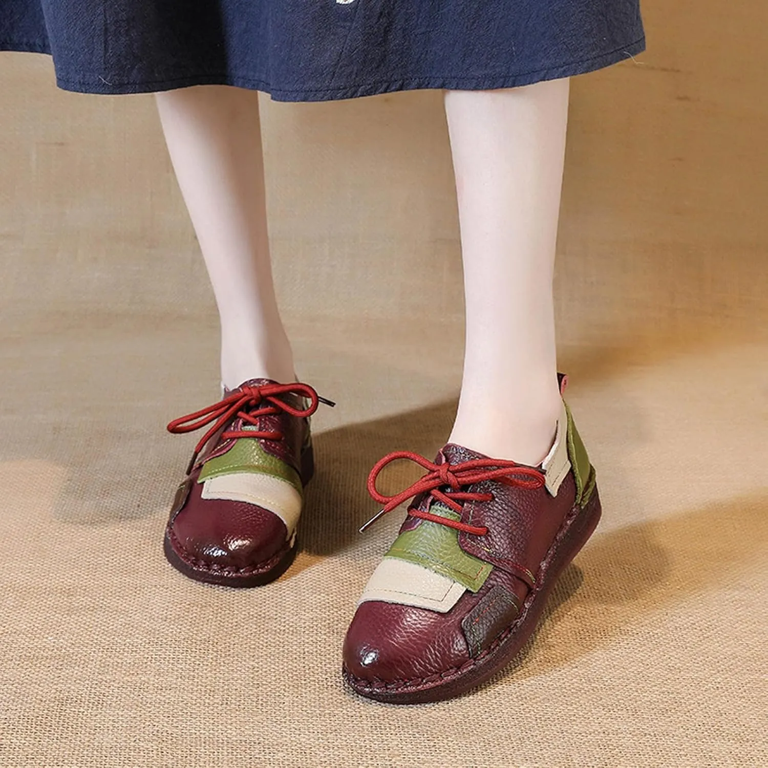 Women's Leather Handmade Lace Up Comfortable Flat Loafers Retro Non-Slip Soft Soled Round Toe Slip-on Casual Mom Walking Shoes for Outdoor Work Driving Running Dating
