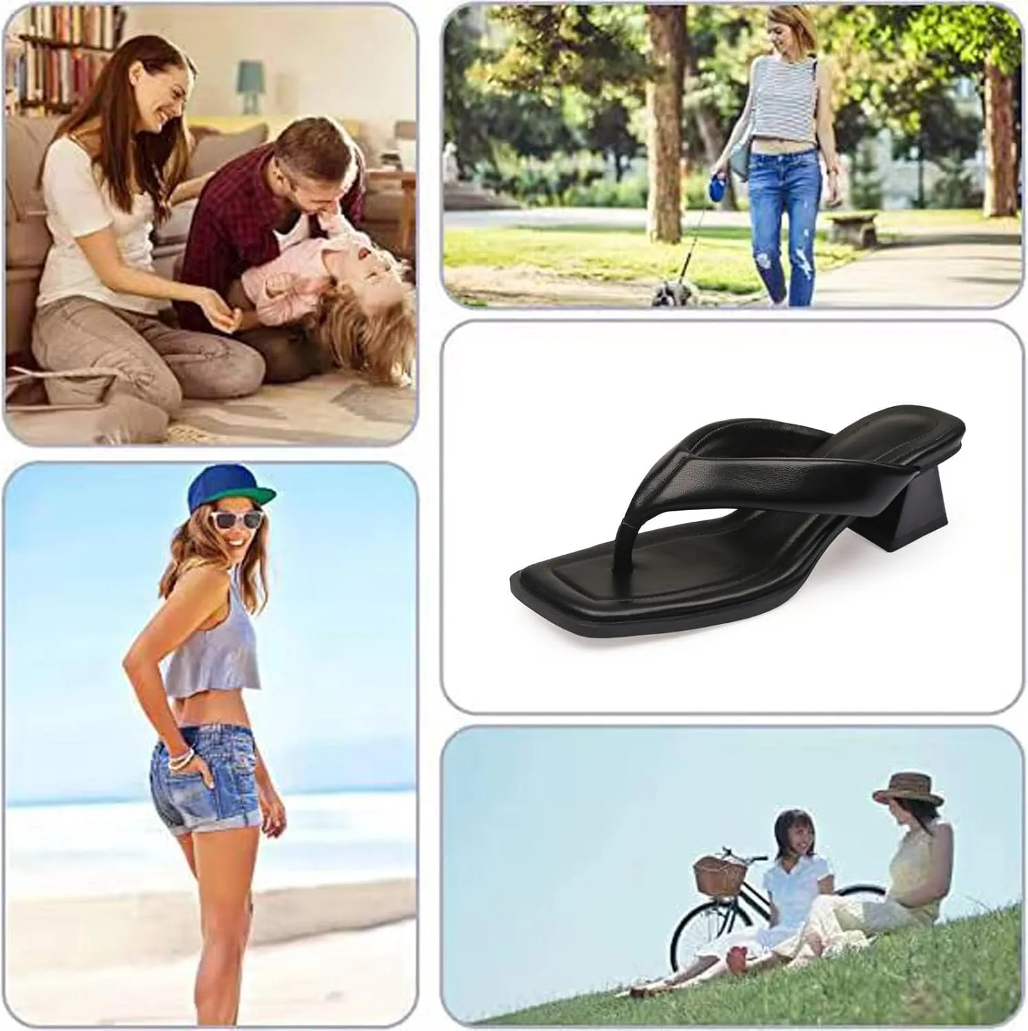 Women's Leather Square Toe Flip Flops Low Block Heeled Slides Fashion Comfortable Slip On Summer Chunky Heel Casual Thong Sandals for Beach Daily Party