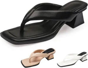 Women's Leather Square Toe Flip Flops Low Block Heeled Slides Fashion Comfortable Slip On Summer Chunky Heel Casual Thong Sandals for Beach Daily Party