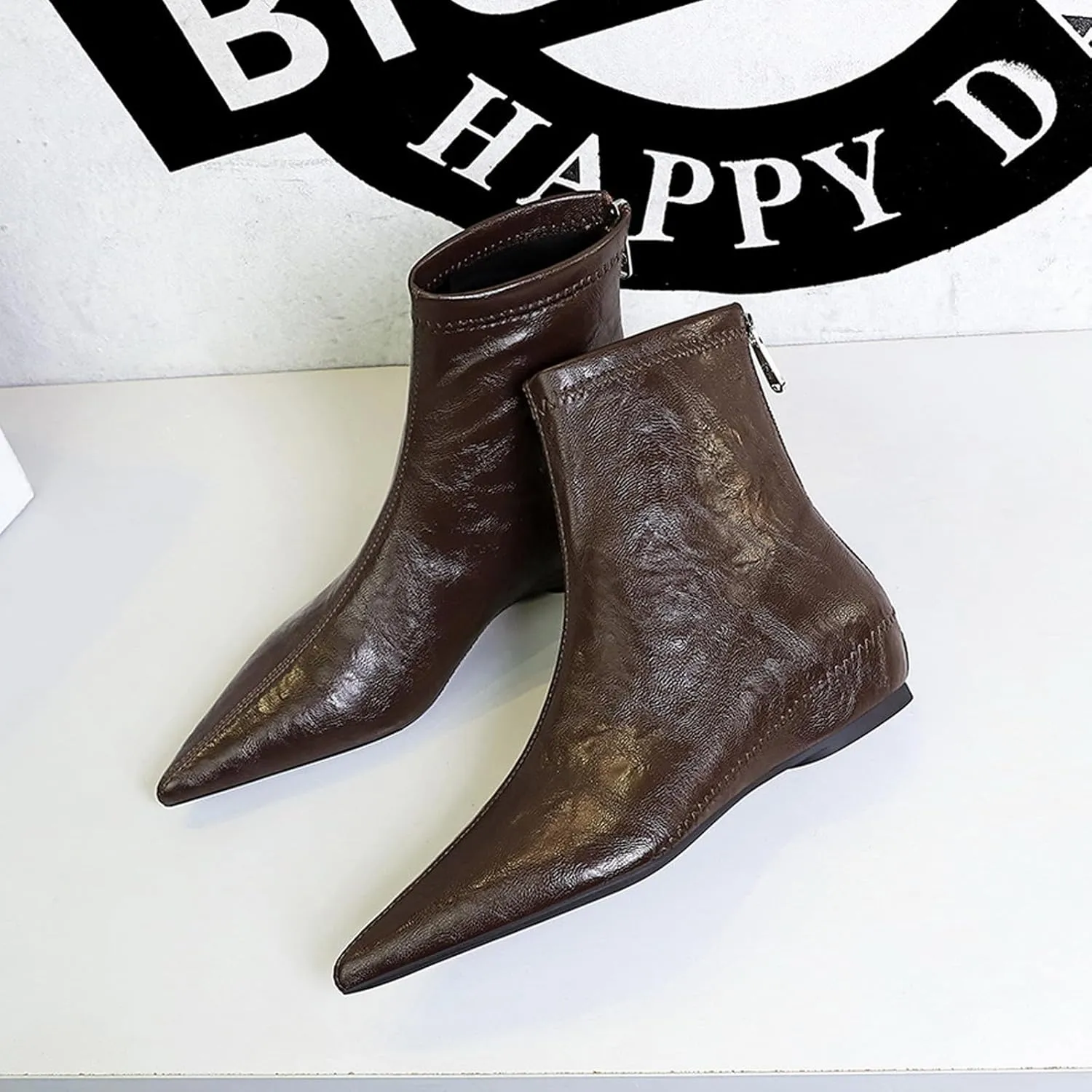 Women's Leather Stitching Details Invisible Wedge Ankle Booties Retro Handmade Pointed Toe Invisible Height Increasing Back Zippers Flat Dress Short Boots for Work Walking