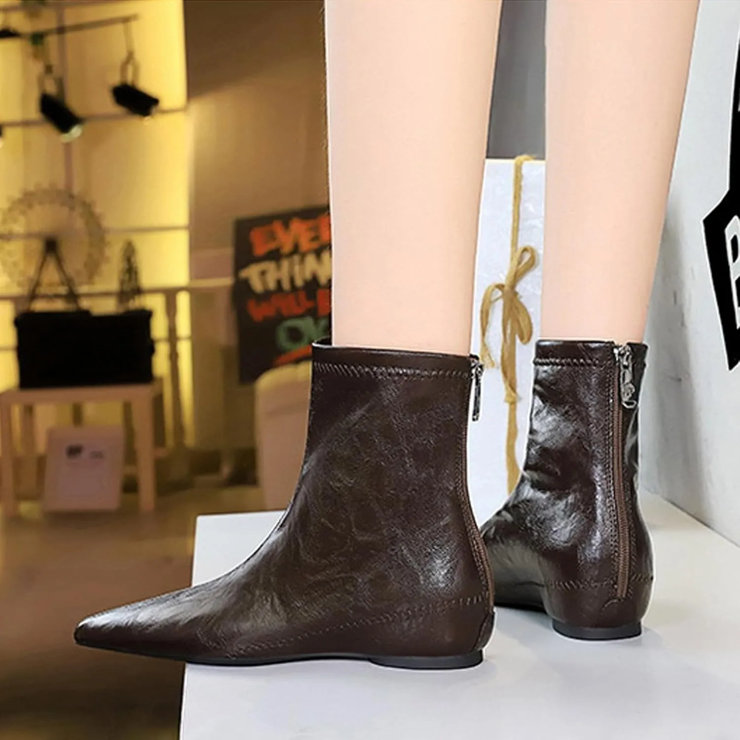 Women's Leather Stitching Details Invisible Wedge Ankle Booties Retro Handmade Pointed Toe Invisible Height Increasing Back Zippers Flat Dress Short Boots for Work Walking