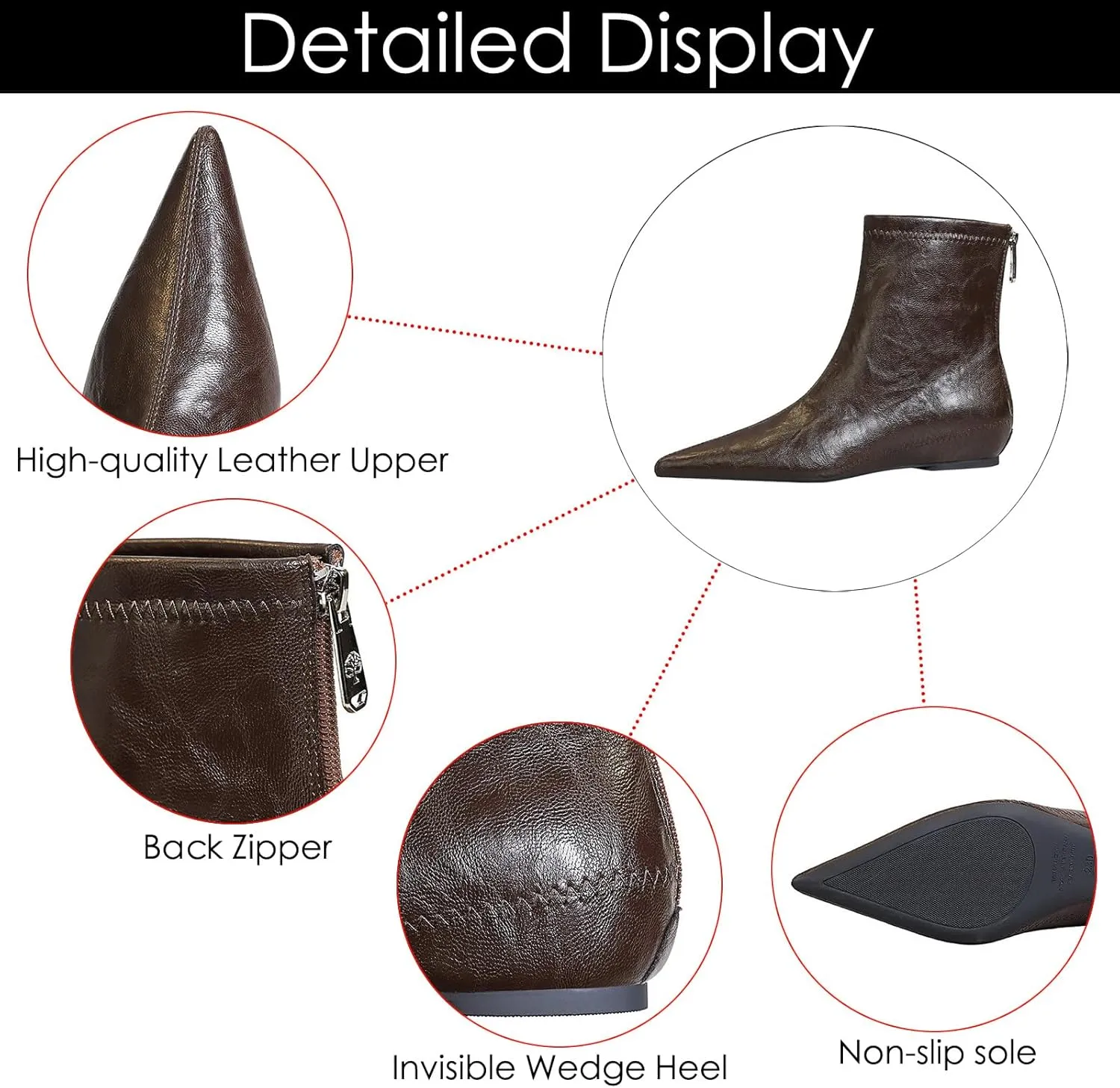 Women's Leather Stitching Details Invisible Wedge Ankle Booties Retro Handmade Pointed Toe Invisible Height Increasing Back Zippers Flat Dress Short Boots for Work Walking