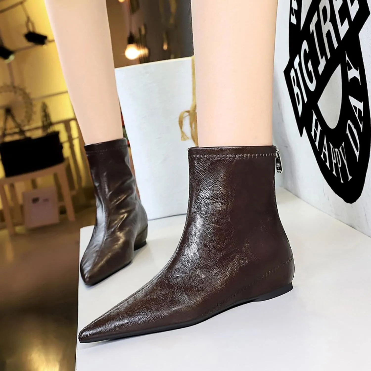 Women's Leather Stitching Details Invisible Wedge Ankle Booties Retro Handmade Pointed Toe Invisible Height Increasing Back Zippers Flat Dress Short Boots for Work Walking
