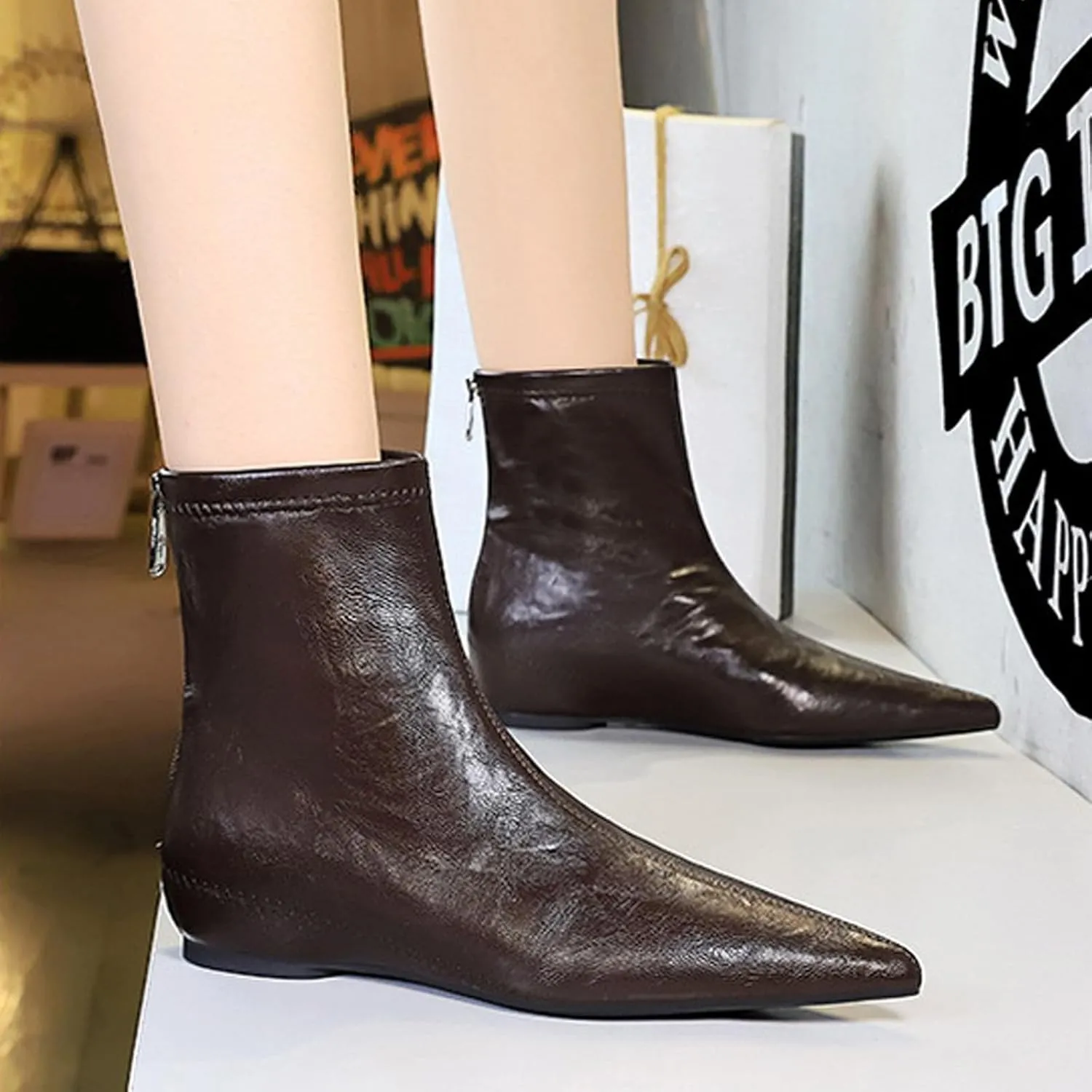 Women's Leather Stitching Details Invisible Wedge Ankle Booties Retro Handmade Pointed Toe Invisible Height Increasing Back Zippers Flat Dress Short Boots for Work Walking