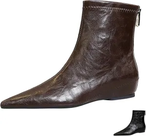 Women's Leather Stitching Details Invisible Wedge Ankle Booties Retro Handmade Pointed Toe Invisible Height Increasing Back Zippers Flat Dress Short Boots for Work Walking