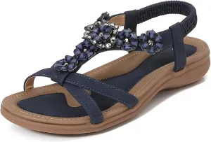 Womens Sandals Comfortable Summer Dressy Sandals Bohemian T-Strap Flip Flop Sandals Elastic Ankle Strap Thong Sandals
