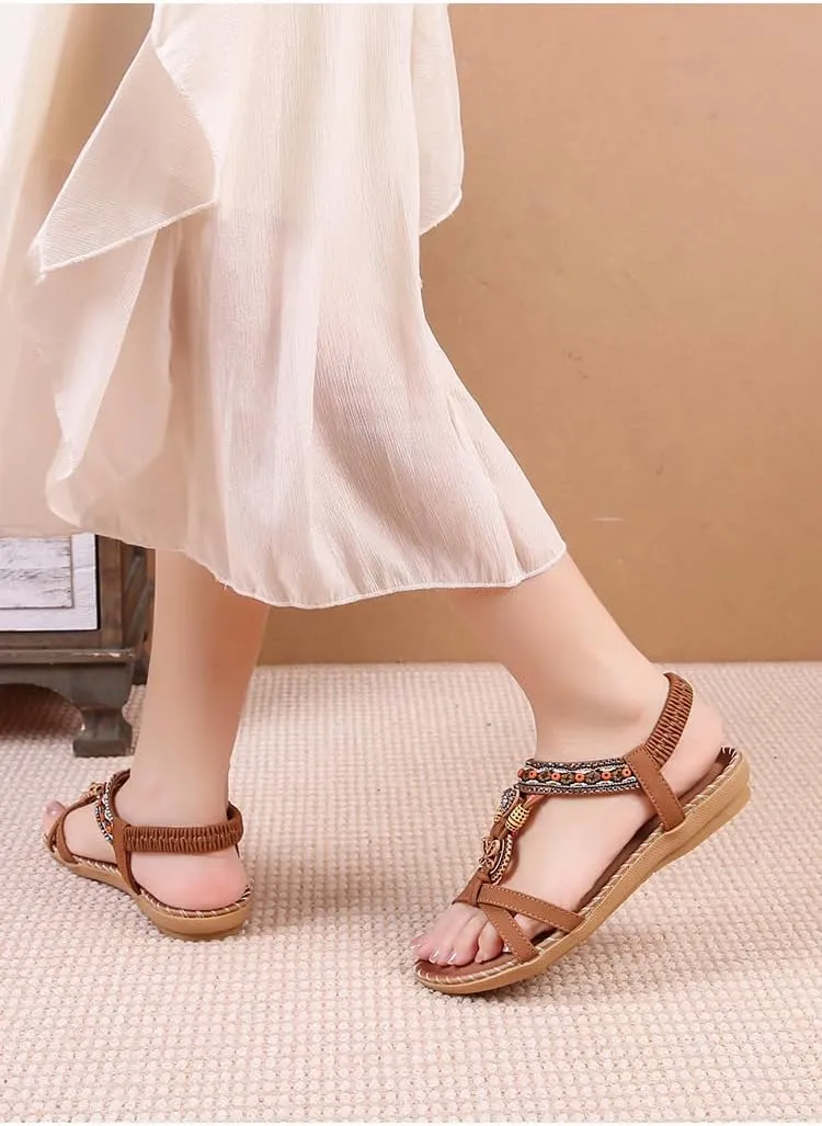 Womens Sandals Flats Shoes,Comfortable Bohemian Beaded Dressy Summer Flat Casual Ankle Strap Elastic Beach Sandals