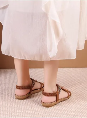 Womens Sandals Flats Shoes,Comfortable Bohemian Beaded Dressy Summer Flat Casual Ankle Strap Elastic Beach Sandals